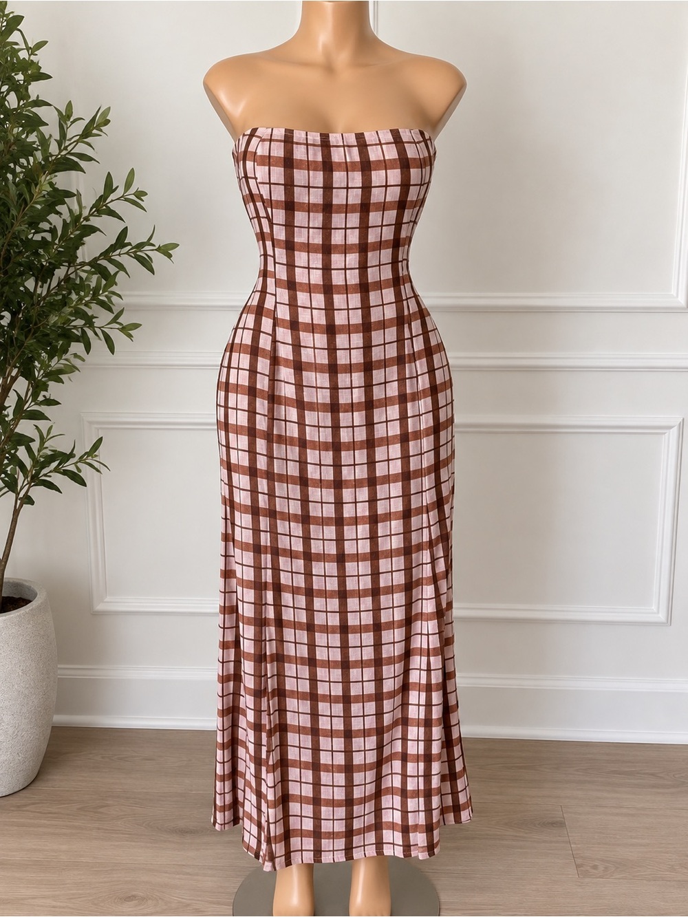 Anthropology Strapless Plaid Maxi Dress in Pink and Brown